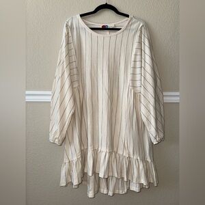 Free People Beach Striped Cream Cotton Dress Ruffle Hem Oversized XS